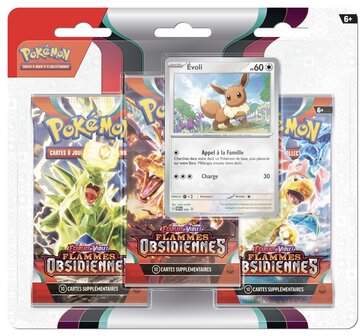 POK&Eacute;MON JCC - &Eacute;CARLATE ET VIOLET - PACK BLISTER DE 3 BOOSTERS EVOLI Flammes Obsidiennes